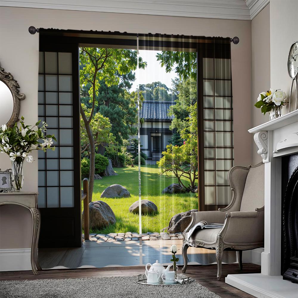 

Set Of 2 Flat Scene Curtains Japanese Garden Temple Versatile Polyester Without Electricity Spring Party Curtain Made W100*H70(CM)-Rod Pocket&1PCS