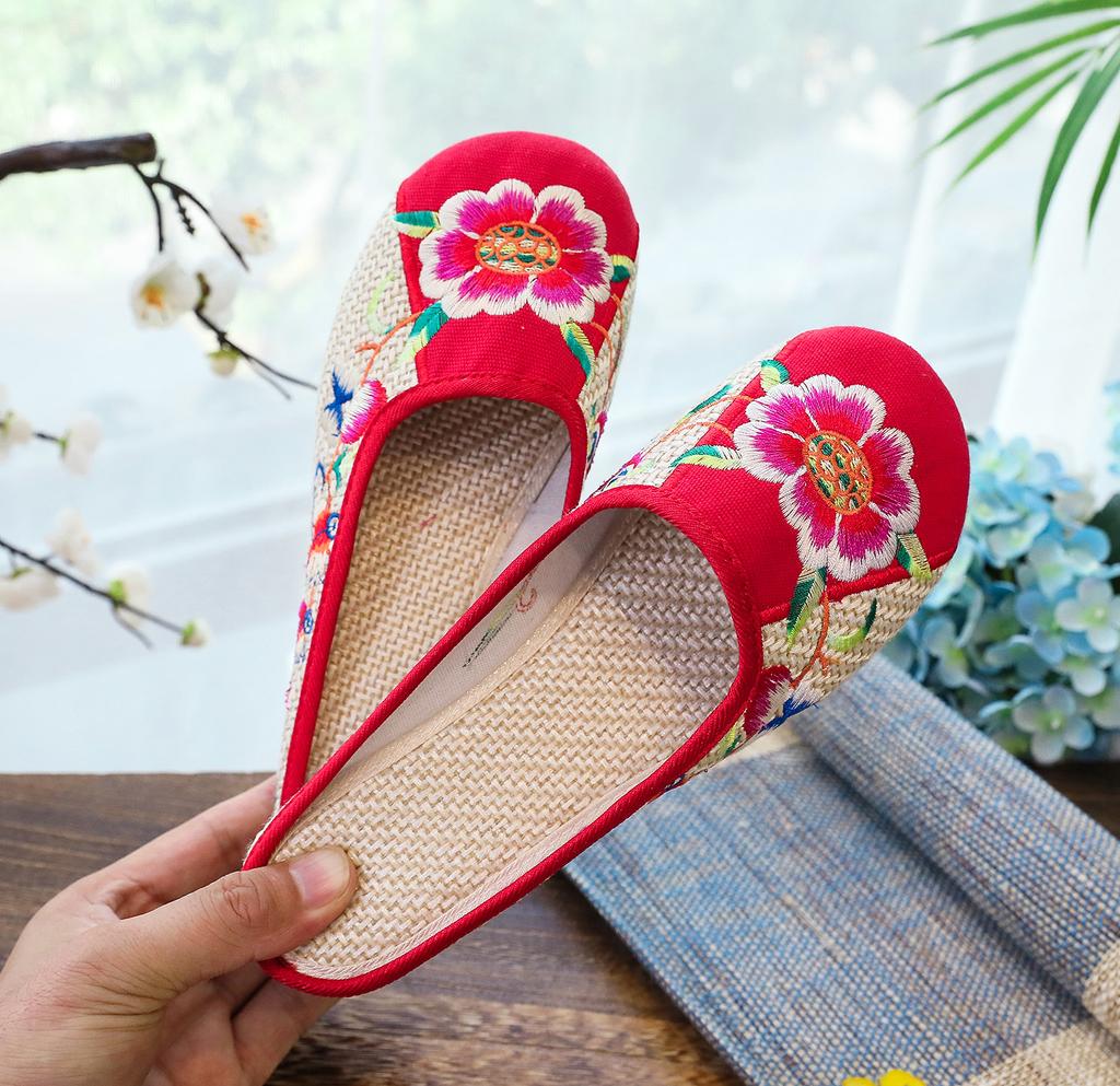 Pantofole, ricamo, scarpe da donna in tessuto, sandali con testa di borsa, per camminare casual in estate, shopping e pantofole con suola in tendine di bue