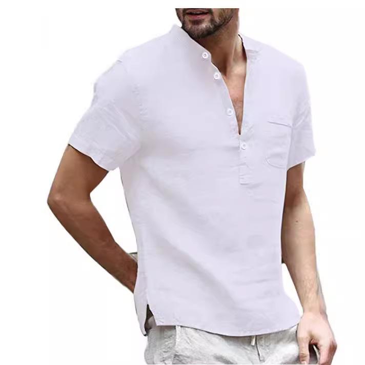 2025 Summer European & American Men's Stand-Up Collar Cotton-Linen Short Sleeve Shirt