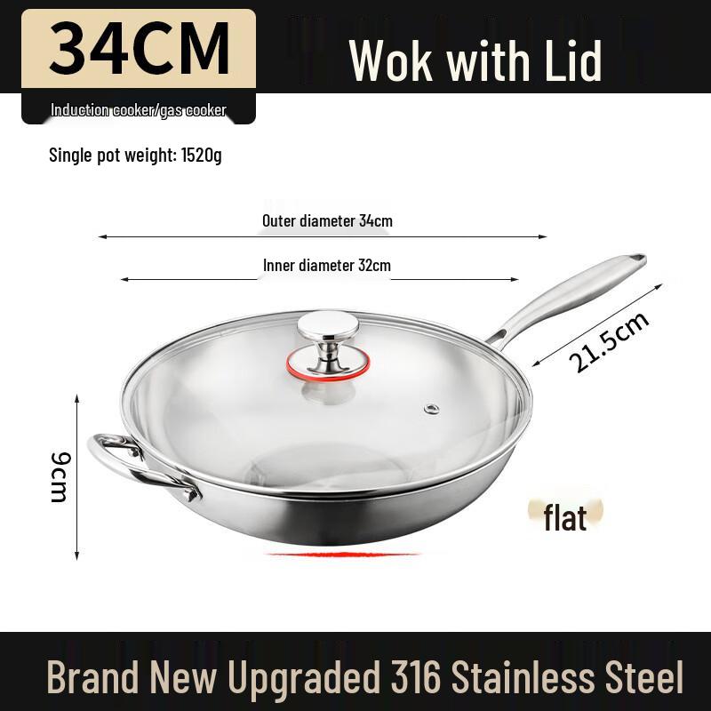 Handun 316 Stainless Steel No-Coating Flat Bottom Wok, 34cm with Lid