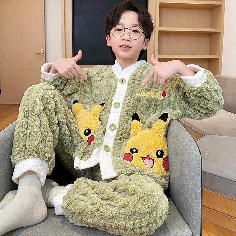 Boys Winter Warm Fleece Pajama Set With Zipper Collar Cartoon Print Long Sleeve Sleepwear Ages 8-14