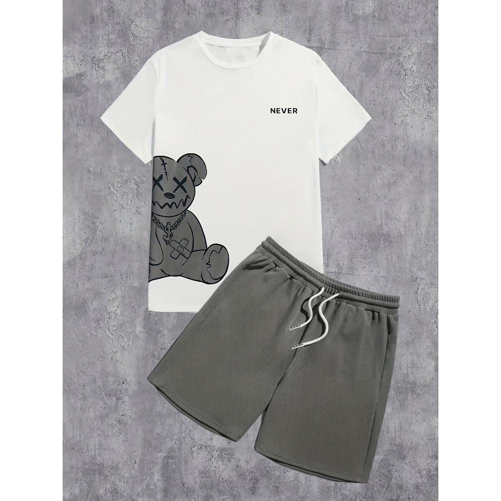2026 Zomer Casual Korte Mouw Modieus Ademend Sport Set Losse Pasvorm Sneldrogend Heren Korte Mouw Hip-Hop Beer Print Set