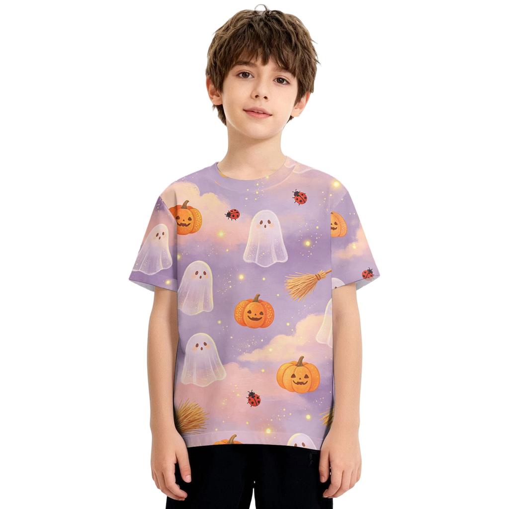 Kids Halloween Printed Short Sleeve T Shirt Casual Round Neck Top Boys Girls Comfortable Fit All Over Pattern Tee