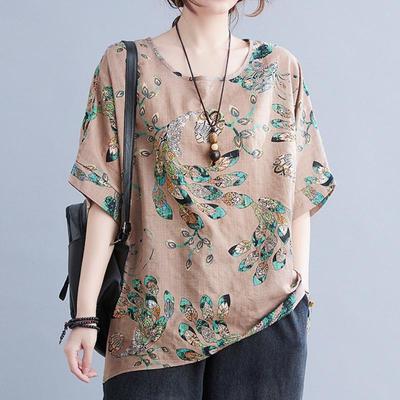 Large Size Loose T-shirt Casual Floral Print Bottom Blouse for Women Vintage O Neck Bat Sleeve Top for Womens