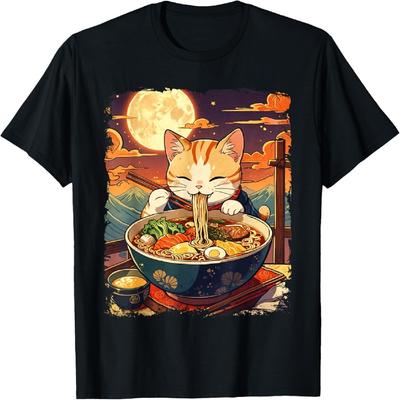 Katzen Ramen Japanisch Lustig Grafik Kawaii Katze Anime Ukiyo-e T-Shirt(1)
