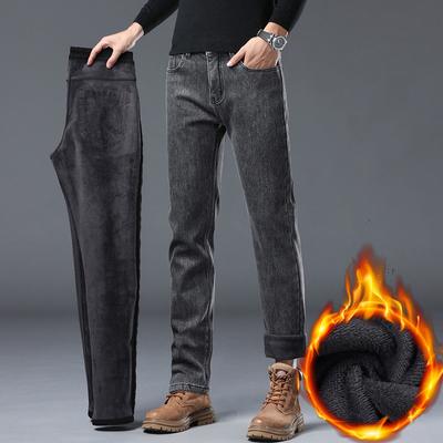 Men's Winter Stretch Padded Jeans Men Thickened Loose Straight Warm with Flannel Trousers Autumn and Winter Trousers