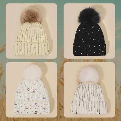 Korean Style Women's Knitted Wool Hats with Faux Raccoon Fur Pom and Diamond Accents for Autumn and Winter