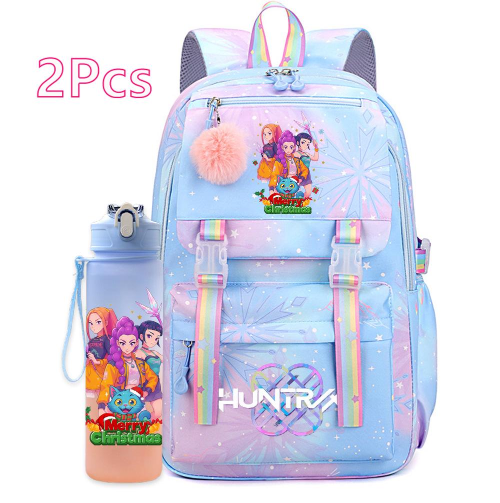 2Pcs/set Christmas K-pop Printed Backpack with 750Ml Water Bottler Large Capacity Travel Bag for Teenager Girl Boy Bookbag Kid Gift Large Capacity Bag