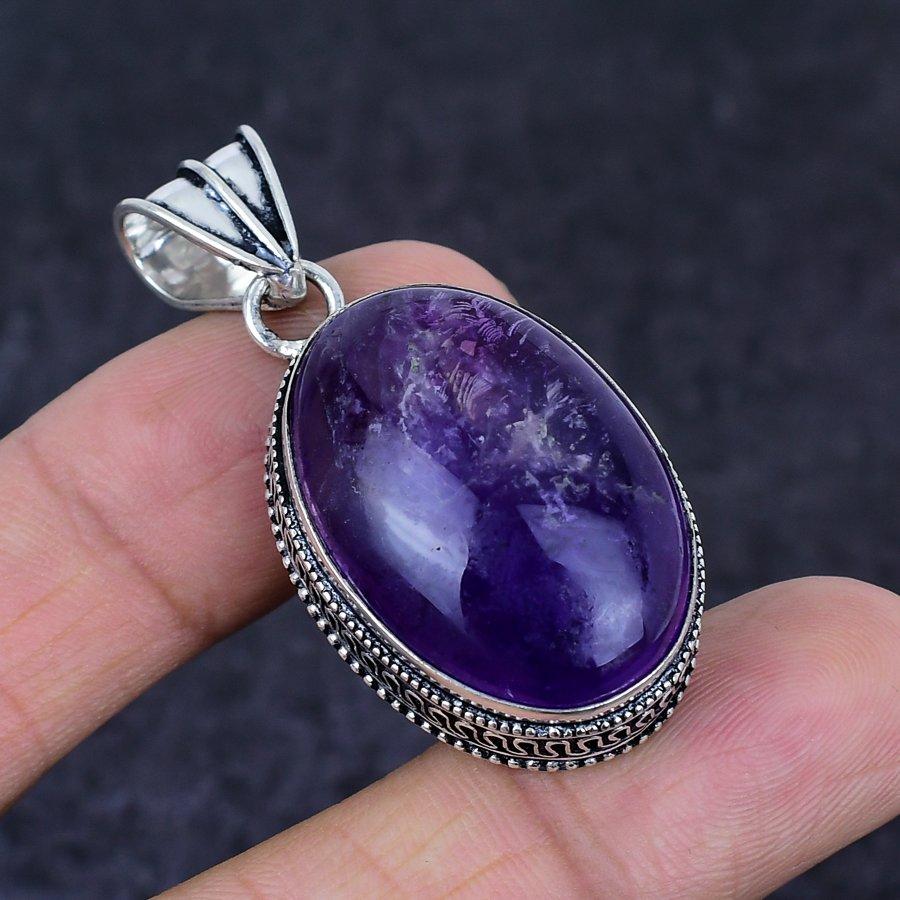Sage Amethyst Gemstone 925 Sterling Silver Jewelry Pendant 1.89"