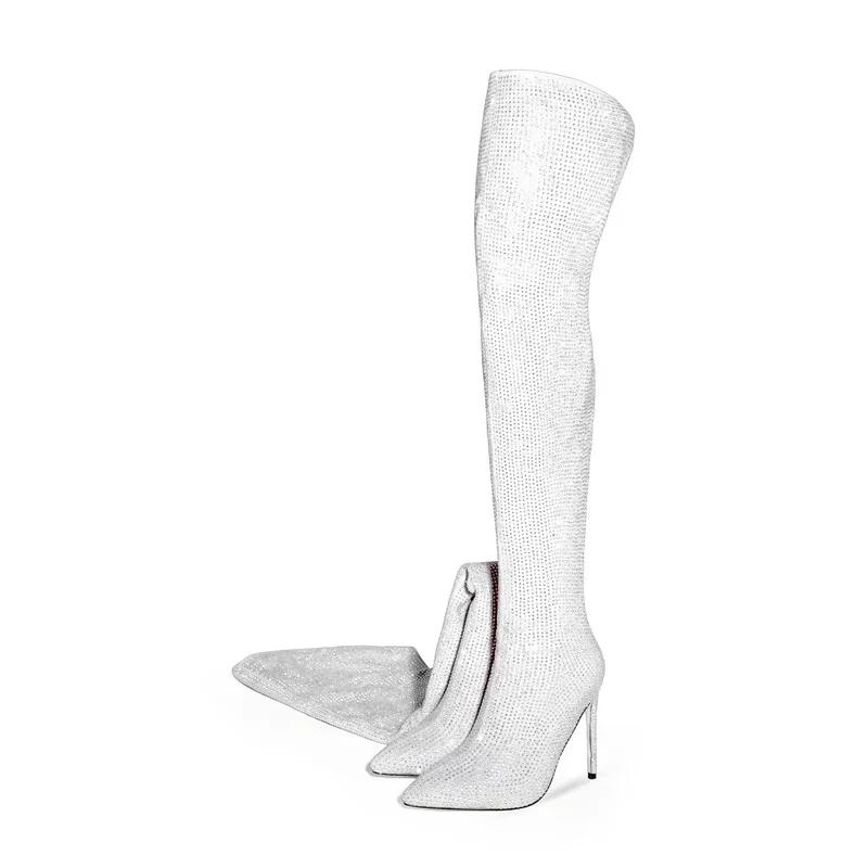 Fashion Silver Black Rhinestone 12cm High Heel Long Boots New Fashion Show Shiny Diamond Pointed Women's Over The Knee Boots Size 34-46