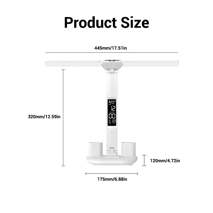 LED Clock Table Lamp USB Chargeable Dimmable Desk Lamps 2 Heads 180 Rotate Foldable Eye Protection Desktop Reading Night Lights