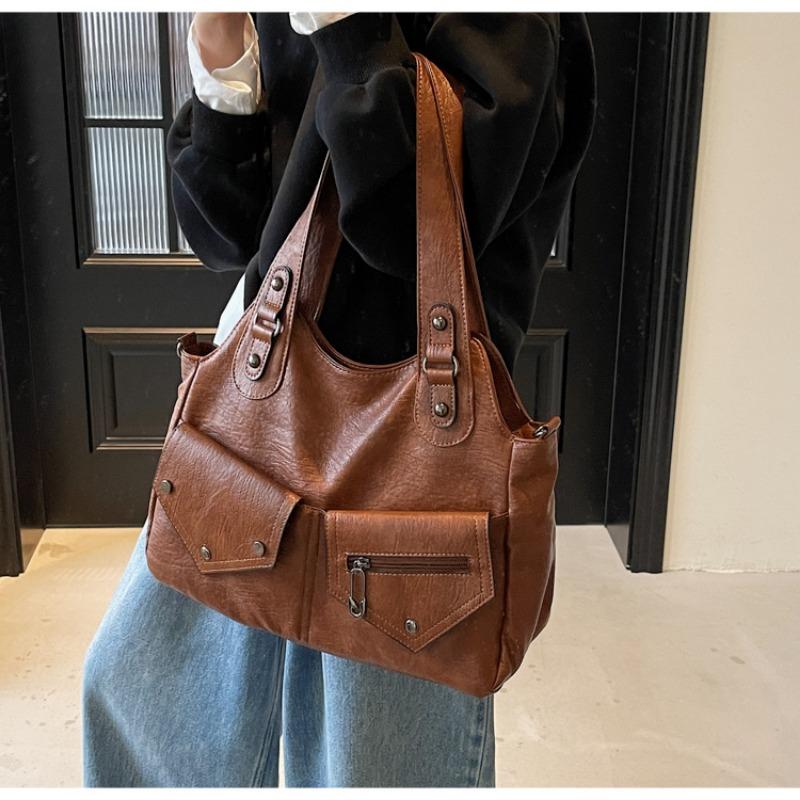Retro shoulder bag contrasting color splicing tote bag