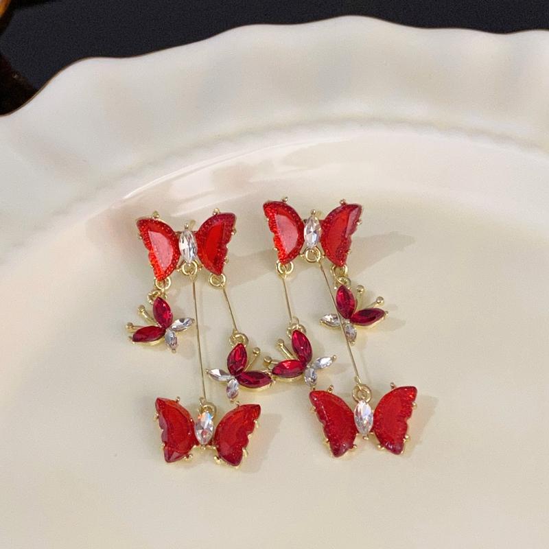Elegant Red Purple Butterfly Drop Earrings for Women Y2K Bow Butterfly Long Tassel Earring New Year Gift