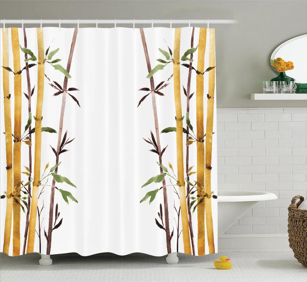 Waterproof Ink Painting Bamboo Leaves Bird Shower Curtains, Mountain Water Plant Landscape, Bathroom Curtain, Home Decor