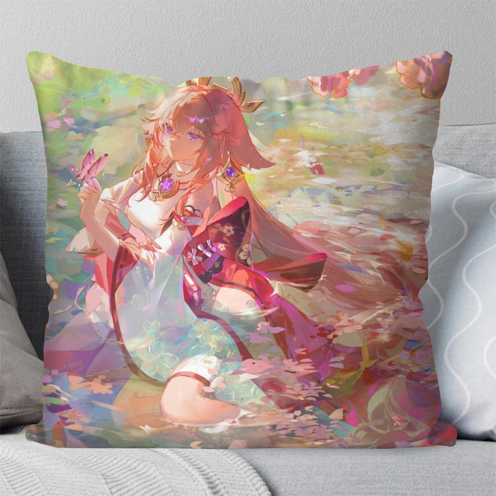 Yae Miko Animation Game G-Genshin I-Impact Pillow Case Square Pillow Bedroom Sofa Leisure Car Living Room Home Decoration 40X40