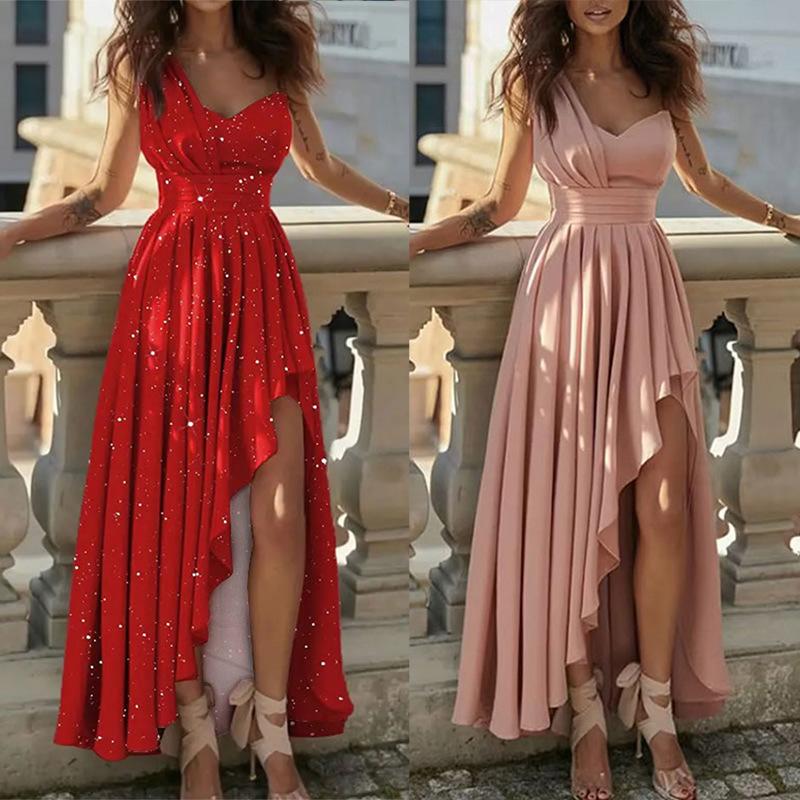 Spring 2026 new cross-border European and American foreign trade women's clothing, elegant slim-fitting slanted shoulder waist irregular dress