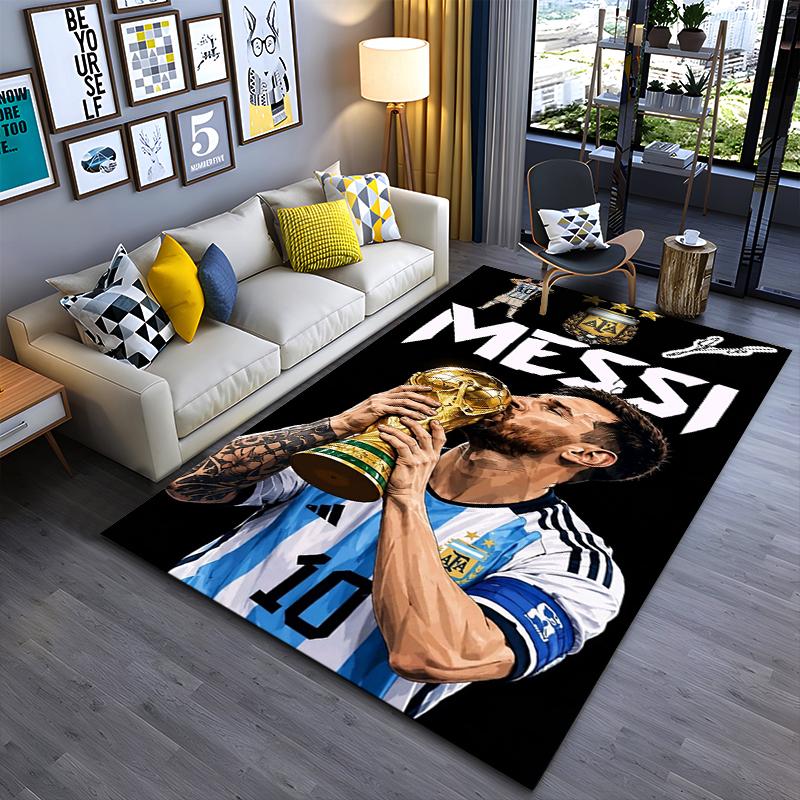 Sports Area Rug, Lionel Messi Argentina Number 10 Kiss World Cup Trophy Black Background AFA Crest Print, Fan Decor, Non-Slip Mat