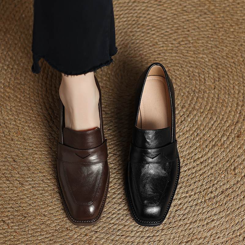 Krazing Pot Sheepskin Autumn Winter Shoes Slip on Med Heels Size 42 Square Toe Brown Color Pumps