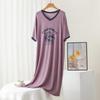Plus Size Casual V-Neck Letter Print Modal Nightgown - Summer Loose-Fit Short Sleeve Dress