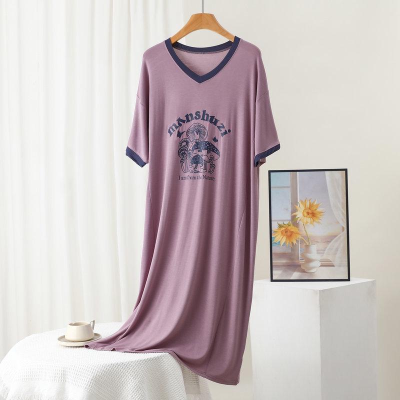 Plus Size Casual V-Neck Letter Print Modal Nightgown - Summer Loose-Fit Short Sleeve Dress