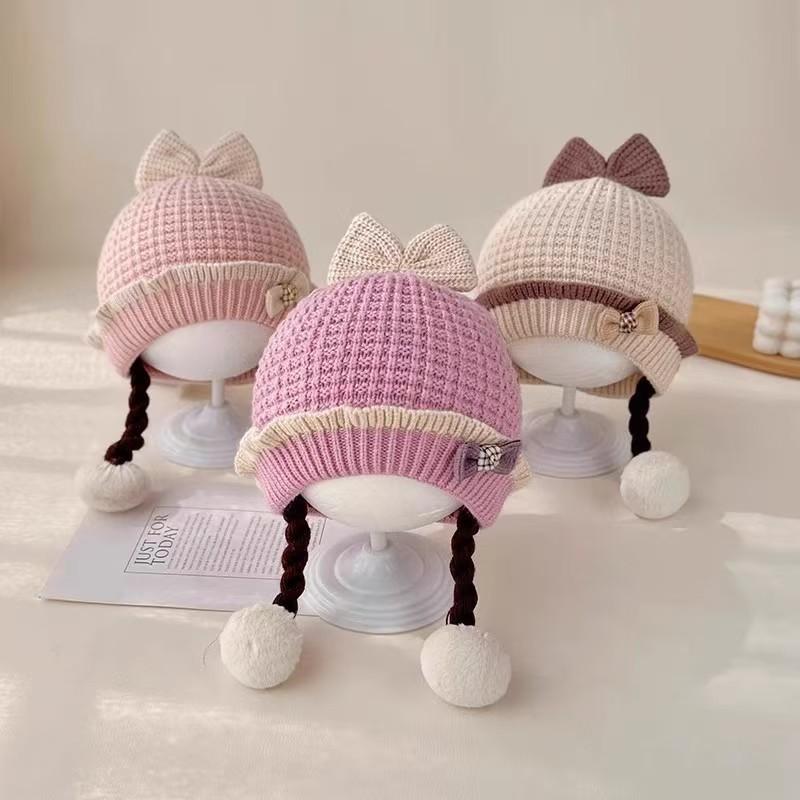 Baby Knit Hat Girls With Bow Braids Cartoon Design Soft Warm Beanie Infants 0-2 Years
