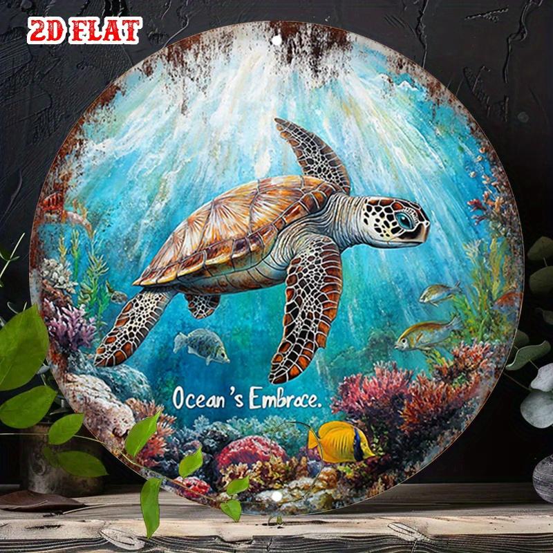 D Flat Pc Aluminum Sea Turtle Metal Sign Vibrant Underwater Coral Reef Round Wall Art Frameless OceanThemed Decor for Ho