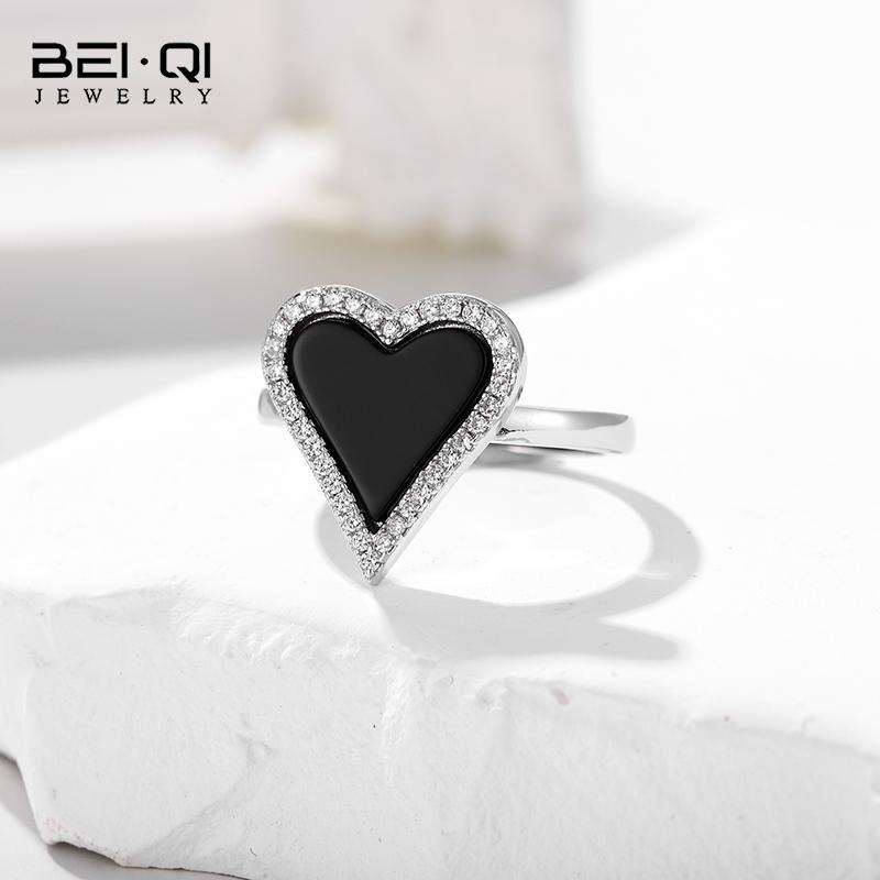 925 Sterling Silver High Quality  Luxury Women  Rings Loving Heart Band with Shell black agate   Valentine's Day  Jewelry Gifts