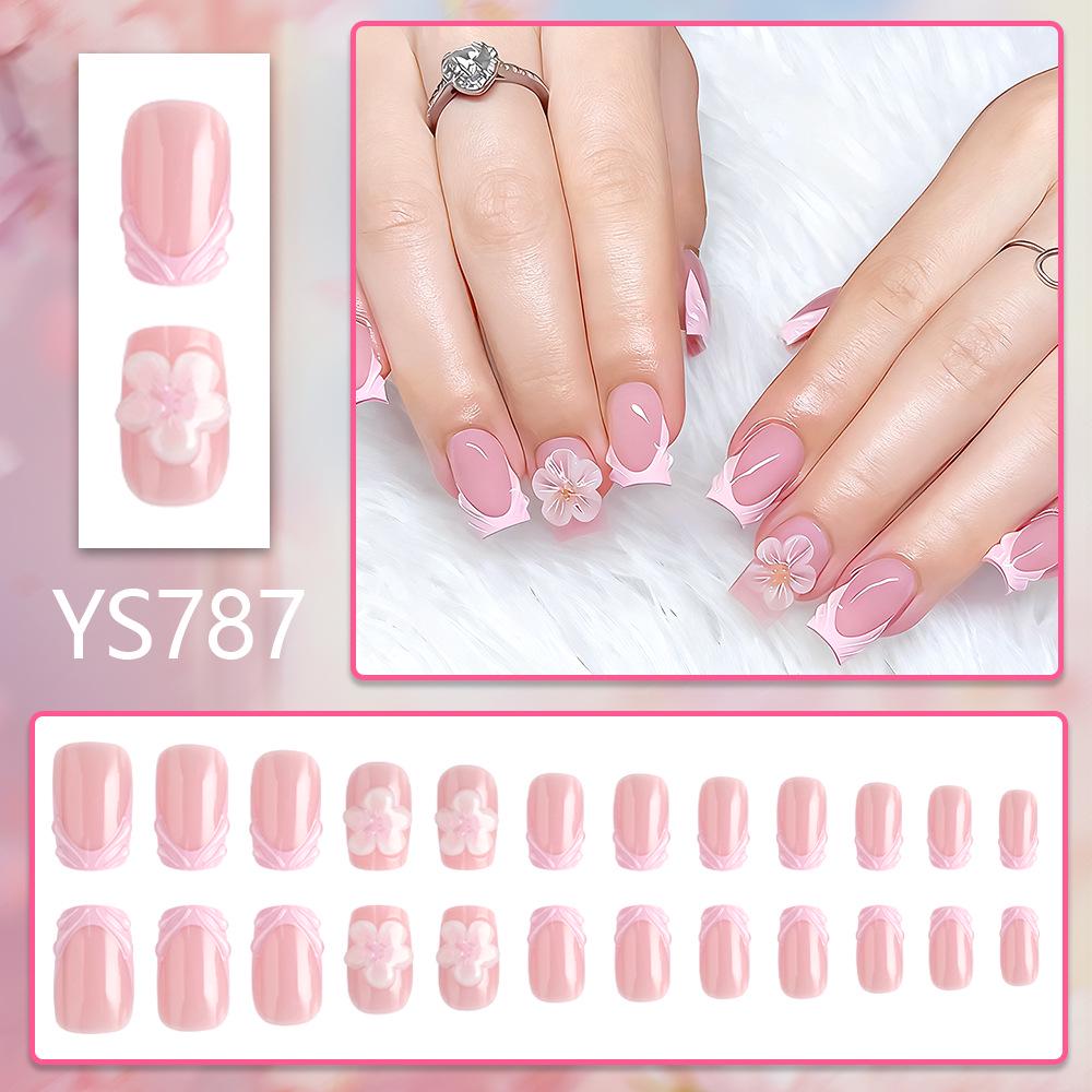 Cross-border Sweet Pink Floral 3D Glue Medium Square Nail Tips - 24 Detachable Pieces