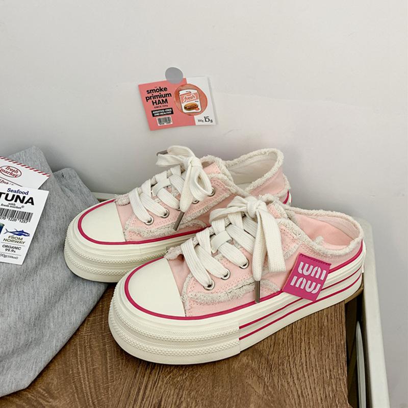 

Вы можете наступать на пятку женских туфель, носить две универсальные парусиновые туфли на толстой подошве и одну педаль, новый нишевый дизайн 2025 года, увеличивающие рост, повседневные 40 светло-розовый