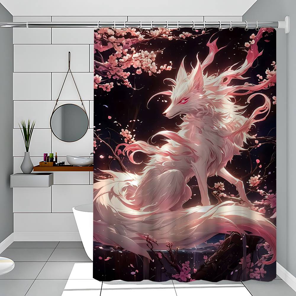 Fantasy Mystical Sakura Nine Tailed Fox 1PC Printed Shower Curtain Waterproof Washable With 12 Hooks Bathroom Shower Home Use
