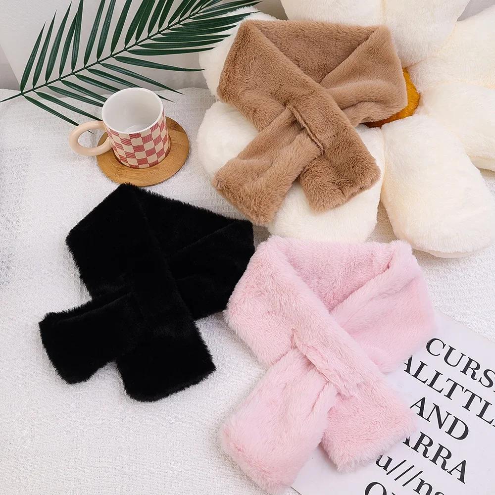 Winter Thicken Rabbit Fur Collar Scarf Women Keep Warm Fur Cross Winter Scarf Autumn Winter Fake Fur Plush Neck Cross Scarf