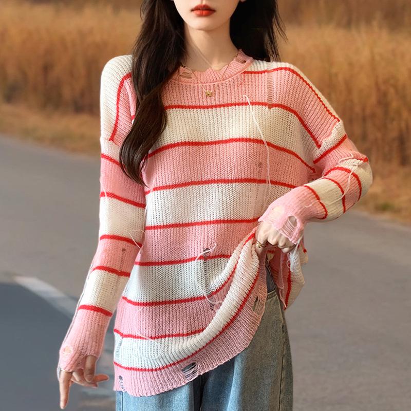 Autumn 2025 Korean Striped Ripped Loose Knit Sweater