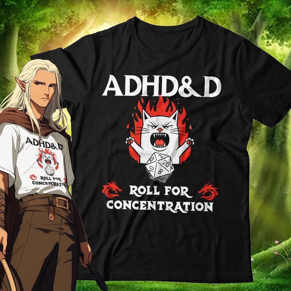 

ADHD DandD Tshirt Unisex and Kids Dungeon Master Gamer Role Play Cats Funny Dice XL