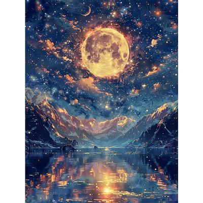 Peinture Diamant 5D DIY Point de Croix Ciel Étoilé et Paysage de Lune Broderie Diamant Mosaïque Foret Rond Décoration de Maison Artisanat