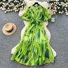 Court style niche high-end bubble sleeve shirt dress women's French strap waist print pendulum long skirt