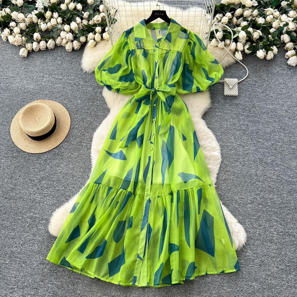 Court style niche high-end bubble sleeve shirt dress women's French strap waist print pendulum long skirt
