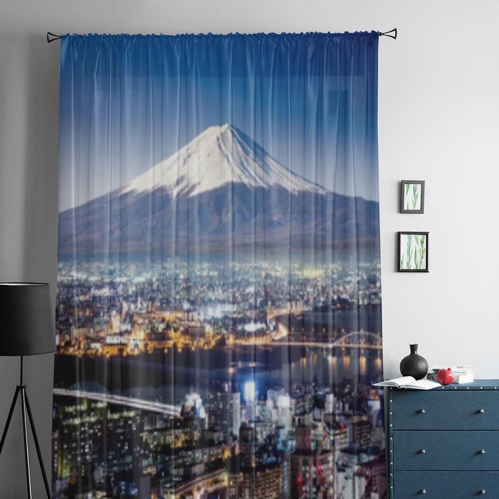 Tokio Top View Sonnenuntergang Mit Fuji Berg Chiffon Transparente Vorhänge für Wohnzimmer Schlafzimmer Dekoration Fenster Voiles Tüllvorhang