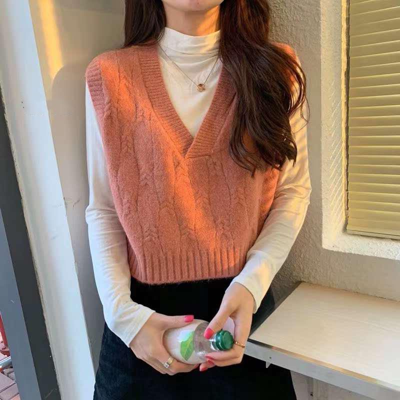 Chaleco de Punto Sin Mangas con Cuello en V Estilo Coreano 2023 para Mujer - Moda Petite Otoño/Invierno