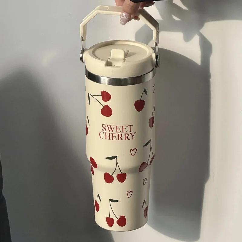 30oz Insulated Stainless Steel Tumbler Car Iced Coffee Thermos Cup Portable Handle Straw Water Bottle for Gym Travel Drinkware