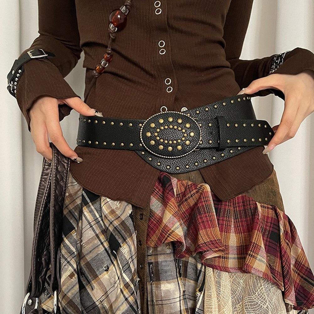 Y2k Women's Waist Belt Gothic Dress Jeans Belt Fashionable Rivet Leather Belt  Streetwear