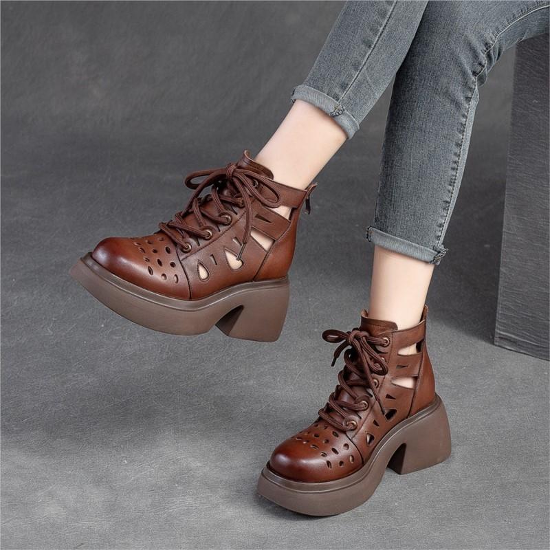 Johnature Retro Genuine Leather Thick Sole Lace-up Roman Sandals 2023 Summer New Round Toe Hollowed Out Thick Heeled Women Shoes