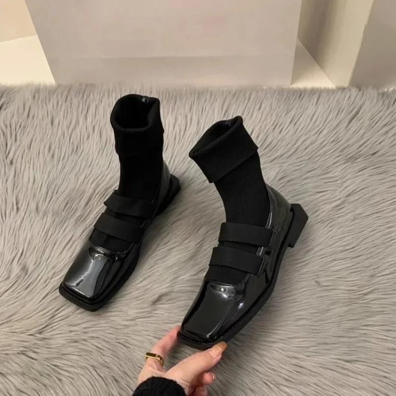 British style square knitted socks boots 2025 new women's boots high quality slimming loafers women's ankle boots single shoes