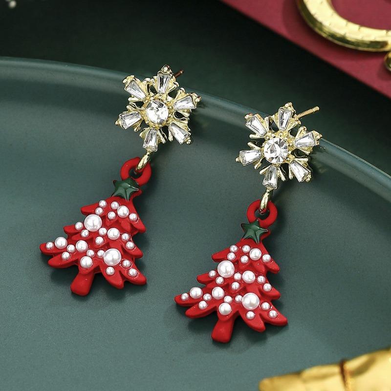 Diamond Snowflake Christmas Tree Earrings Pearl Earrings Christmas New Light Luxury Temperament Stud Earrings