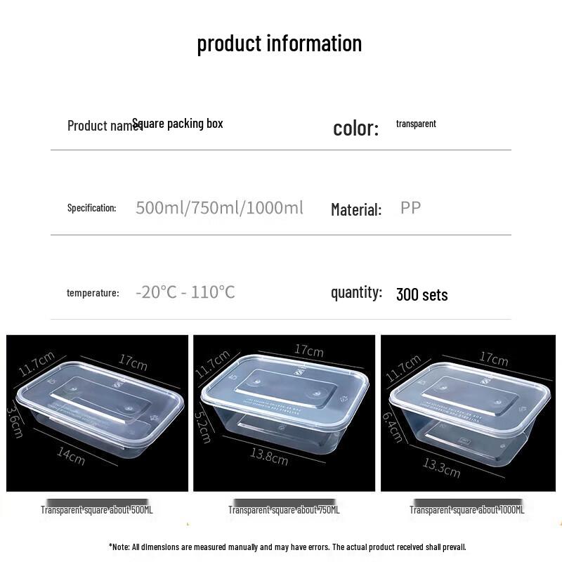 Disposable 750ml Square Food Containers with Lids