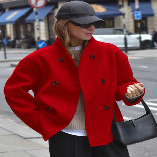 Winter Wool Cropped Peacoat Women's Double Breasted Jacket Fall Casual Long Sleeve Dressy Short Coat