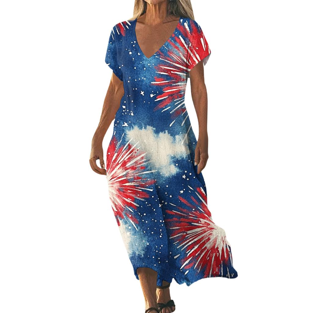 Flag Dress for Women V Neck Short Sleeve Maxi 4Th Of July Dresses for Women Patriotic Dress for Summer Usa Dress