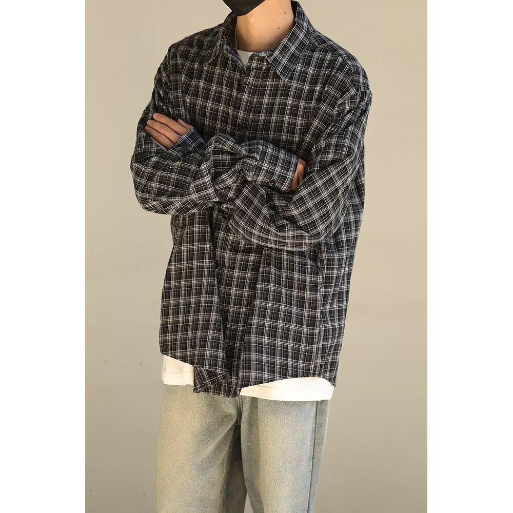 Unisex Retro Plaid Long Sleeve Vintage Workwear Shirt