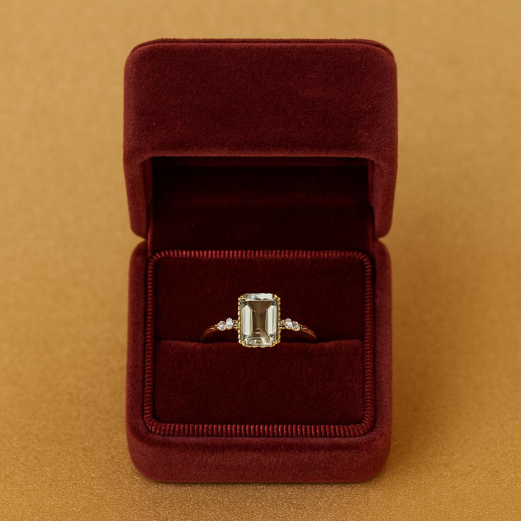 Women’s Emerald Cut Green  Amethyst Gemstone Engagement Ring – Gold Plated Band with Side Diamond Accents, Elegant Statement Jewelry Gift for Her