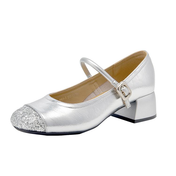 Sheepskin one-word buckle thick heel shallow mouth single shoes new bright diamond splicing middle heel Mary Jane small leather shoes