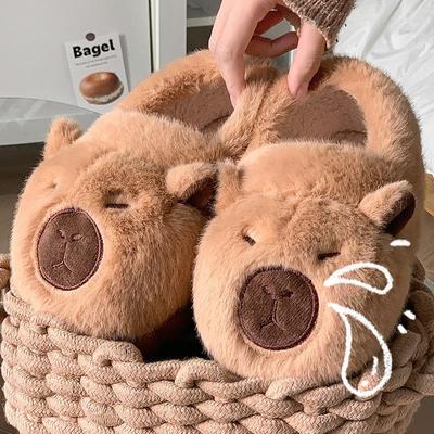 Capybara Winter Cotton Slippers: Cute Non-Slip Indoor Fur Shoes with Package Heel for Couples.